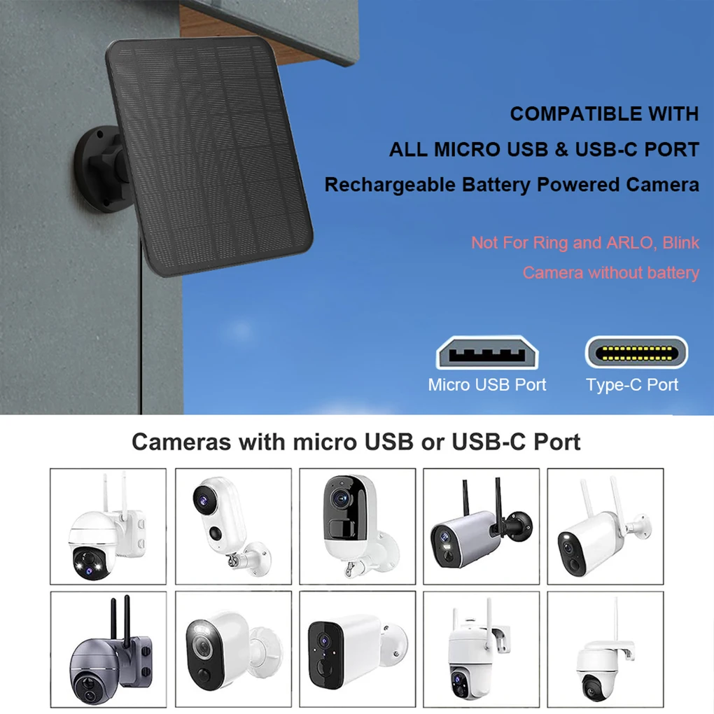 10W Solar Panel Micro USB & USB-C Port Solar Charging Panel 9.8 Ft Charging Cable 360°Adjustable Mounting for Security Camera