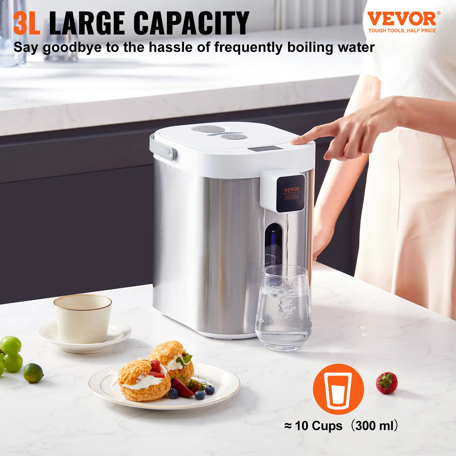 VEVOR Hot Water Dispenser Adjustable 11 Temperatures Water Boiler and Warmer 304 Stainless Steel Countertop Water Heater