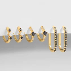 Trendy Black Color CZ Zircon Small Hoop Earrings for Women Gold Plated Circle Geometric Ear Buckle Huggies Fashion Jewelry