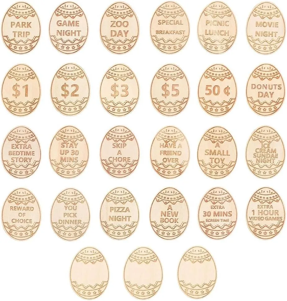 Hout Easter Bunny Egg Beloning Tokens,28Pcs Easter Prijzen Stuffers 25 Inwisselen Tokens + 3 Blanco Diy Tokens, Paas Ei Fillers