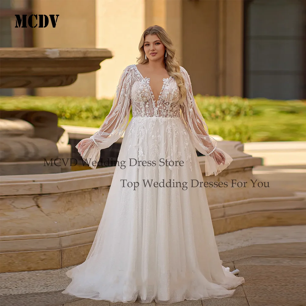 

MCDV Plus Size Glitter Wedding Dresses Scoop Neck Applique Customized Detachable Sleeve A-Line Bride Gowns Robe De Mariee 2026
