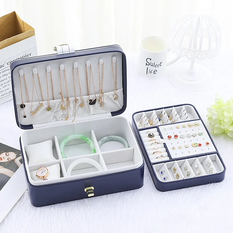 Double Layer Jewelry Box Organizer Large Capacity PU Leather Storage Ring Box Earrings studs Jewelry Display Jewelry Packaging