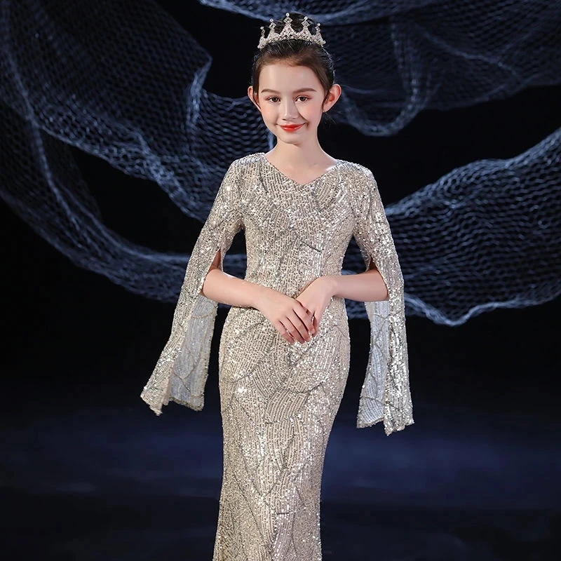 女の子マーメイドドレススパンコール子供花嫁介添人のウェディングドレス子供のためのエレガントなイブニングドレス女の子ブティックパーティー着用服