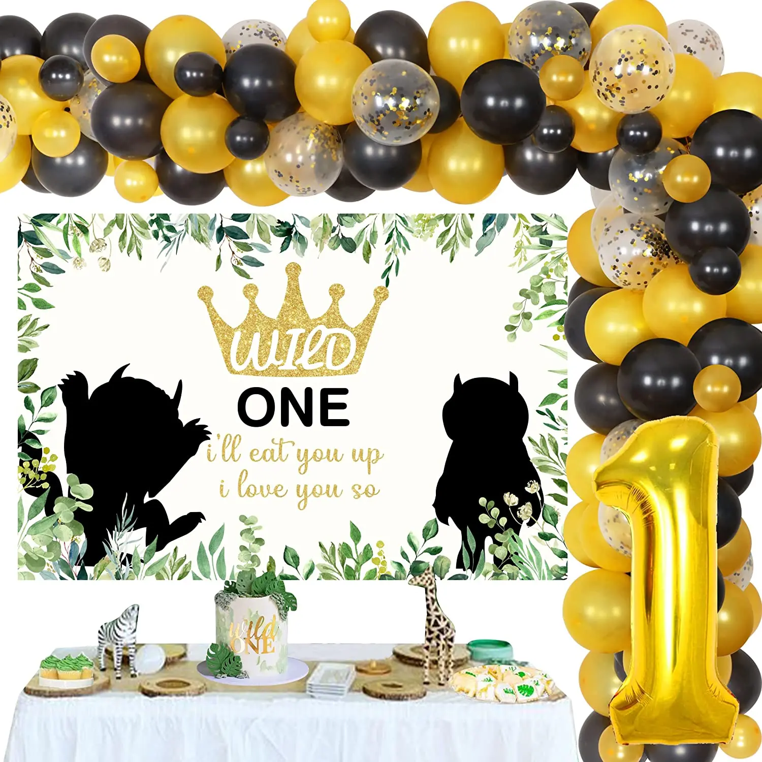 

JOYMEMO Wild One 1st Birthday Decorations Black Gold Balloons Garland Kit Backdrop for Boys Jungle Theme Birthday Party Decor