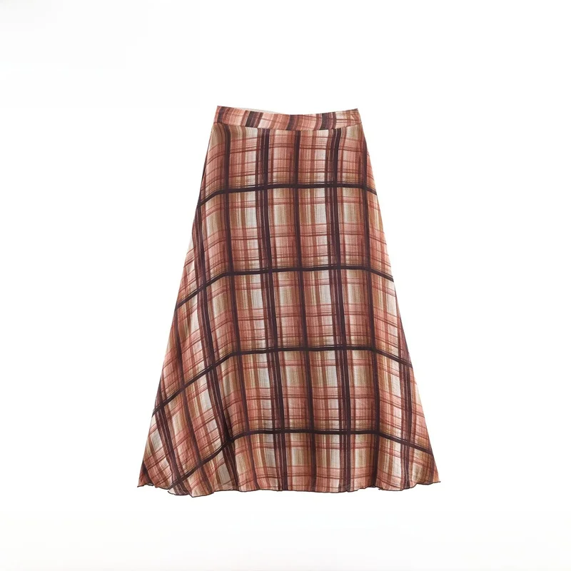 

EVEA New Women's Midi Skirt Autumn Sle Wrinkle Effect Plaid Classy A-Line Skirt Polyester Fiber Casual Scene Ladies Skirt