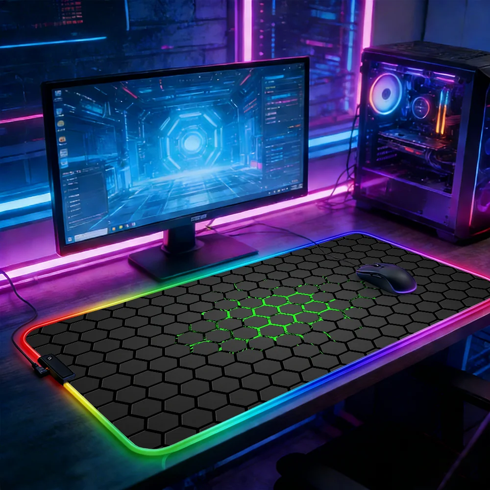 LED Lighting RGB Mouse Pad E-sports Game Keyboard Pad Table Mats Geometric Hexagons Deskmat Laptop Accessories Mousepad Gamer