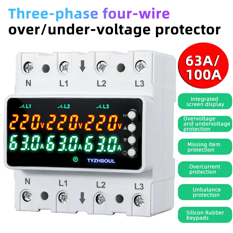 

3 Phase 4 Wire Over and Under Voltage Protector 63A/100A Overcurrent Protection Din rail Voltmeter Ammeter Relays Protector