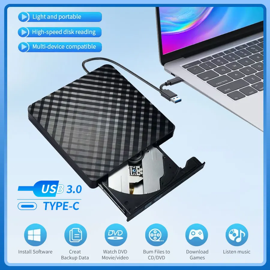 

2-in-1 External CD DVD Optical Drives USB 3.0 Type C Slim Protectable CD-RW Drive DVD-ROM Burner Player For Laptop PC Desktop
