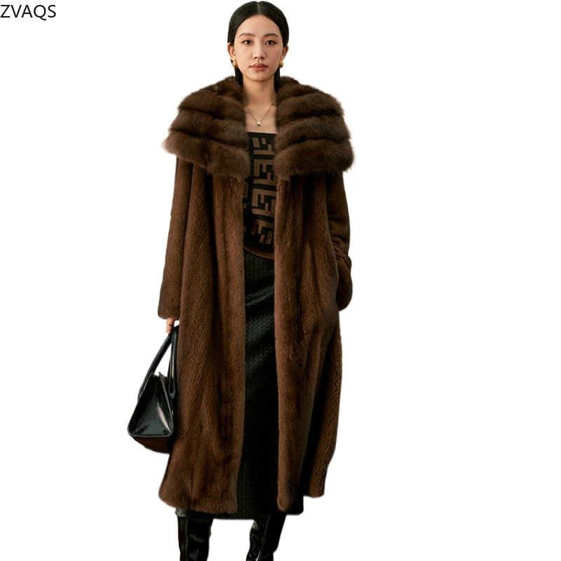 ZVAQS Natural Coffee Mink Fur Coat Women Fashion Long Fur Jacket Winter Luxury Clothes Old Money Style Outerwears 2024 Fourrure