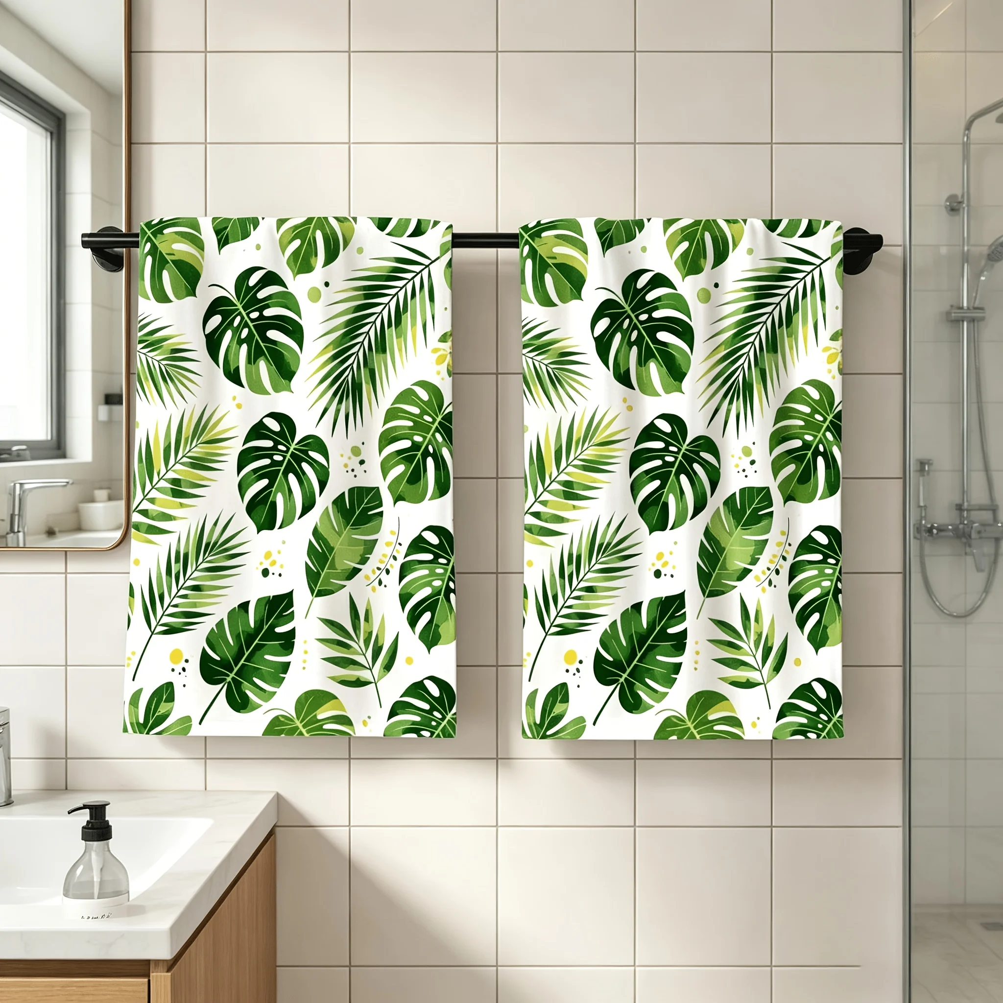 2 packs of tropical plant print kitchen towels, turtle bamboo palm leaf pattern absorbent hand towels