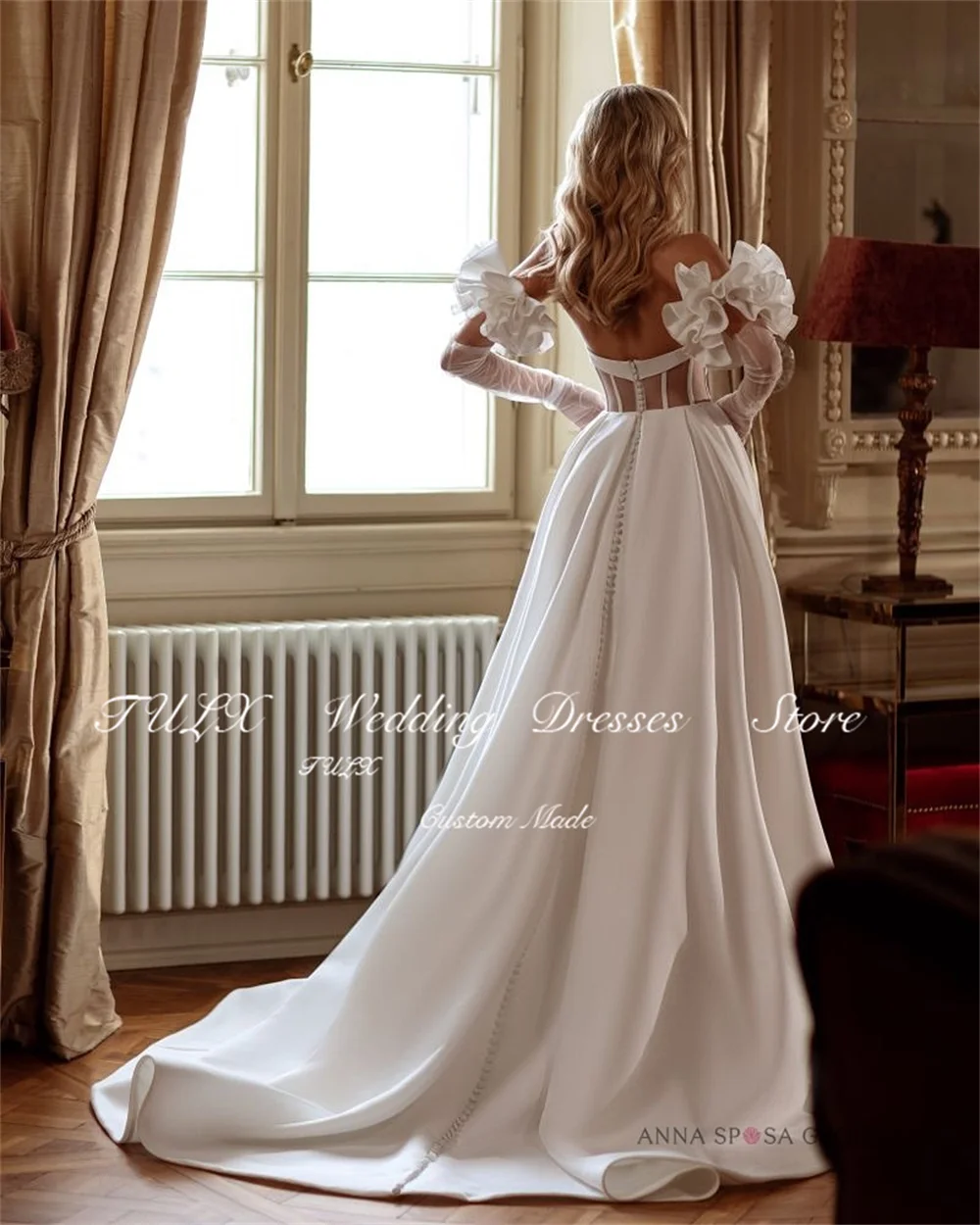 TULX Elegant Sweetheart ซาตินชุดแต่งงาน Ruffle แขนยาวชุดเจ้าสาวความยาวชั้น Sweep Train Robe De Mariée ที่กําหนดเอง