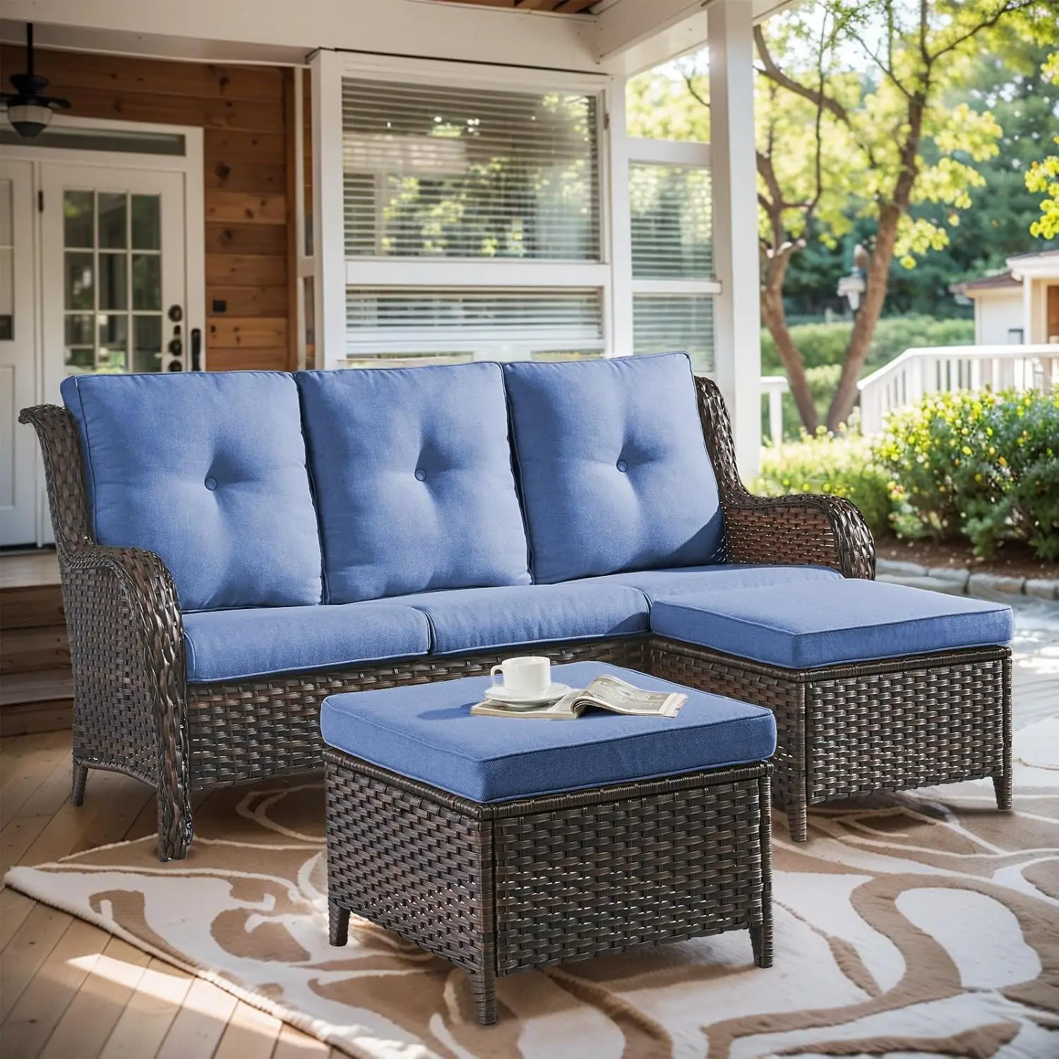 3 Seater Rattan Wicker Sofa Set with Ottoman All Weather Patio Garden Backyard 200kg Load, Customized