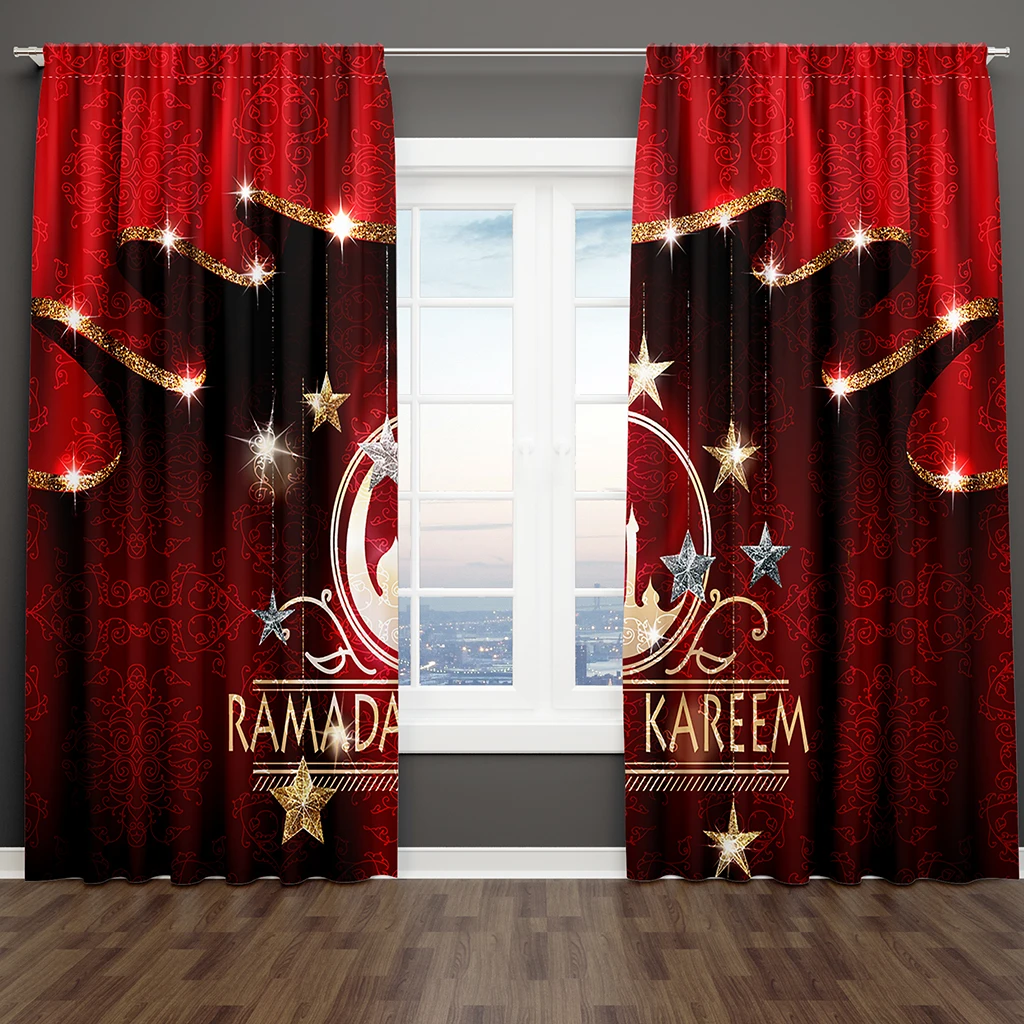 

Free Shipping LuxuryRed Gold Islam Ramadan Kareem Window Curtains Binds for Kids Bedroom Living Room Kitchen Door Home Decor2Pcs