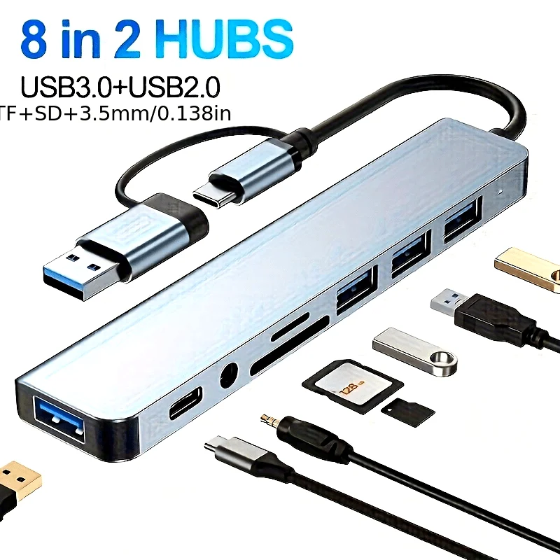 8-in-1 USB Hub with Audio Jack, Multi-Port Adapter for Tablets, USB-Powered, 5V Operating Voltage, Compatible with Tablets