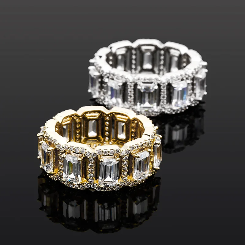 Hip Hop Iced‑Out Ring Rectangle Baguette CZ Full Paved Gemstone Band Ring Hiphop Trendy Rap Stage Finger Jewelry Wholesale