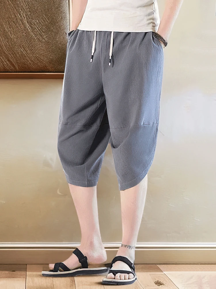 Cotton Linen Casual Shorts Men Japenese Wide Leg Baggy Capris Pants Male Sport Running Shorts Summer Thin Beach 2025 New