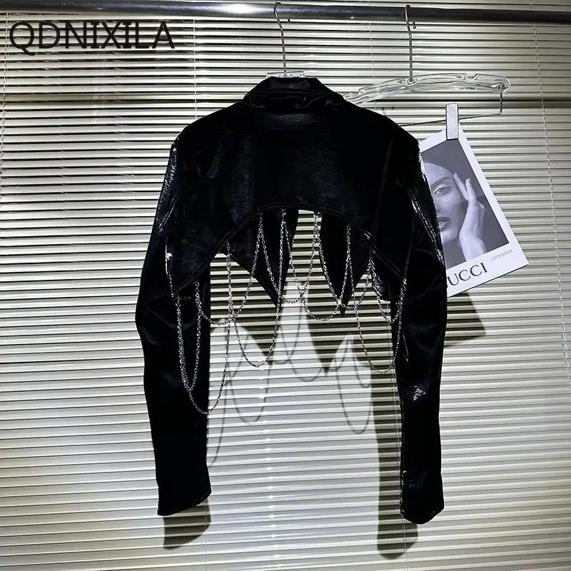 PU Leather Jacket for Women, Spice Girl, Dark Wind, Patent Leather, Chain Design, Female Coat, Autumn, New Style, 2024