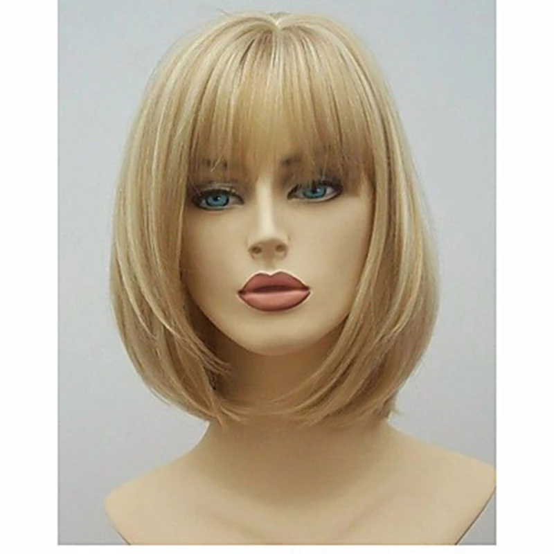 Short Blonde Ombre Synthetic Wigs with Bangs for Women Fashion Silk Straight Bob Hair Costume Party Wigs for Lady