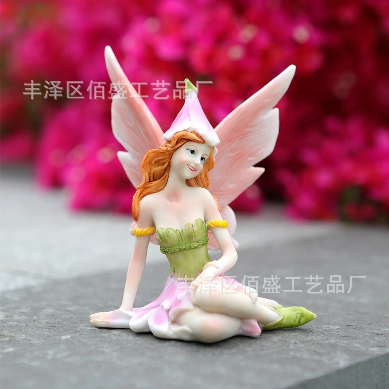 Resin Fairy Garden Statue Sitting Flower Fairy Figurine Outdoor Yard Patio Decoration Miniature Landscape Ornament Sculpture