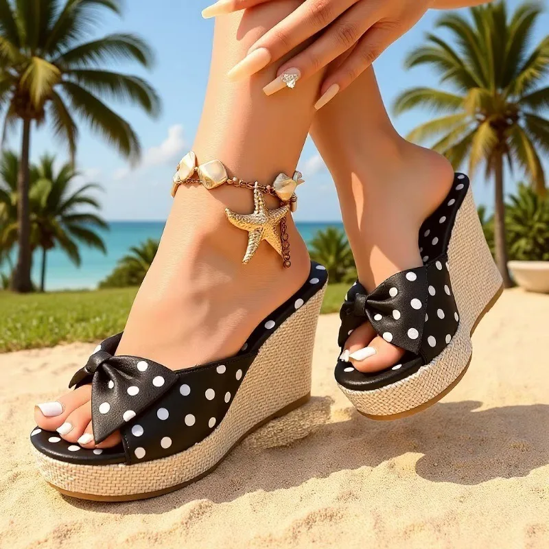 2026 Women's Summer Wave Point Slope Toe Cold Slippers with Grass Weaving High Heels Bow Detail Fish Mouth Design for Casual Wea