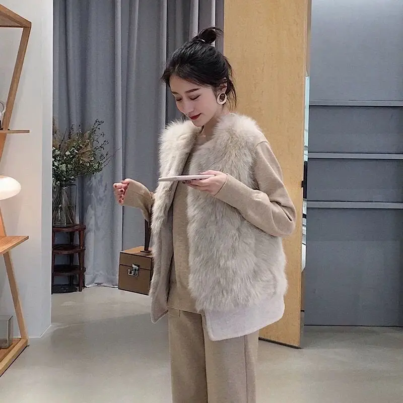 Women Faux Mink Fur Spliced Vest Autumn Winter Imitation Fox Hair Woolen Tanks Furry Thin Short Sleevleless Coat Crop Tops 2022