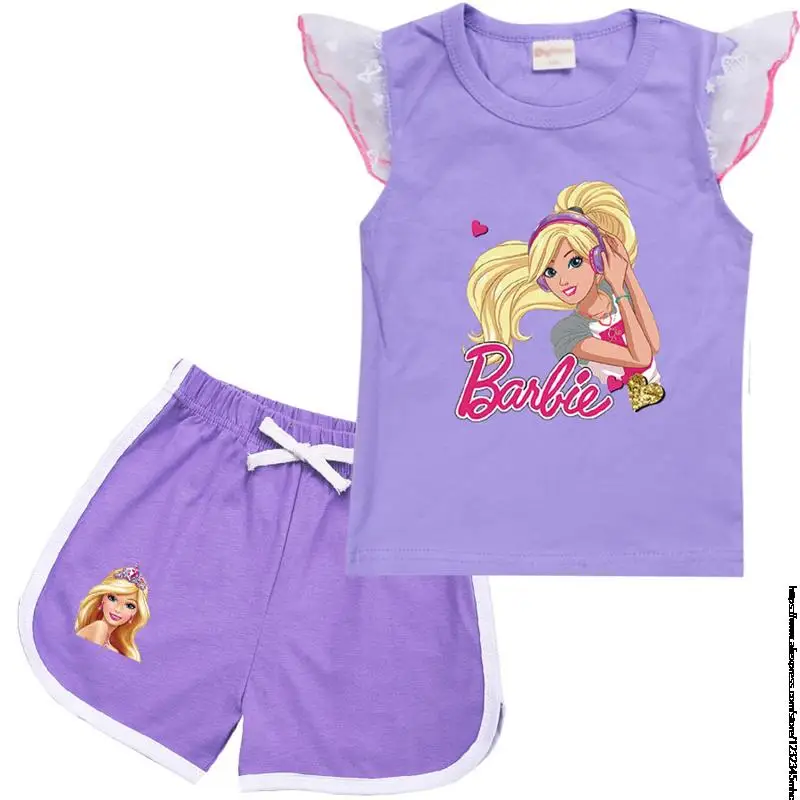 Conjunto de ropa para bebé, camisetas y pantalones cortos de Barbie para niños, trajes de 2 piezas, chándales informales para adolescentes y niñas,