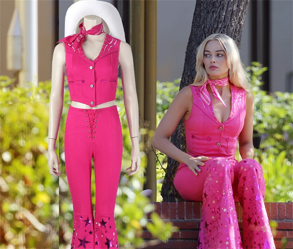 

2023 Movie Margot Robbie Cosplay Costume Margot Sexy Starry Pink Vest Top Pants Scarf Suit for Women Ladies Halloween Party Suit