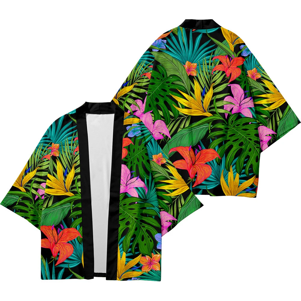 

Men and women Japanese kimono traditional art tropical plant printing casual loose thin coat Asian kimono cardigan 8