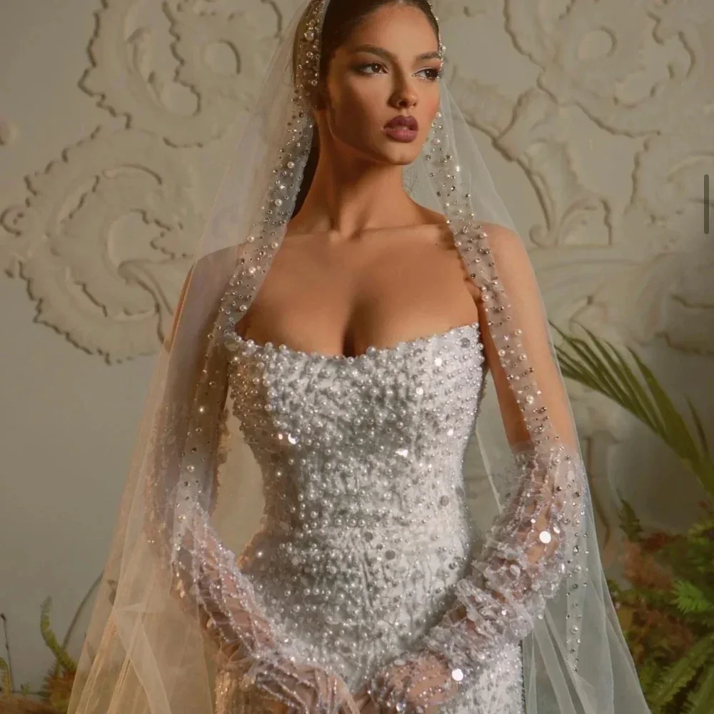 Custom Wedding Gown — Elegant Women's Mermaid-Style Wedding Dress, Strapless and Sleeveless, Embellished with Sequins and Pearl