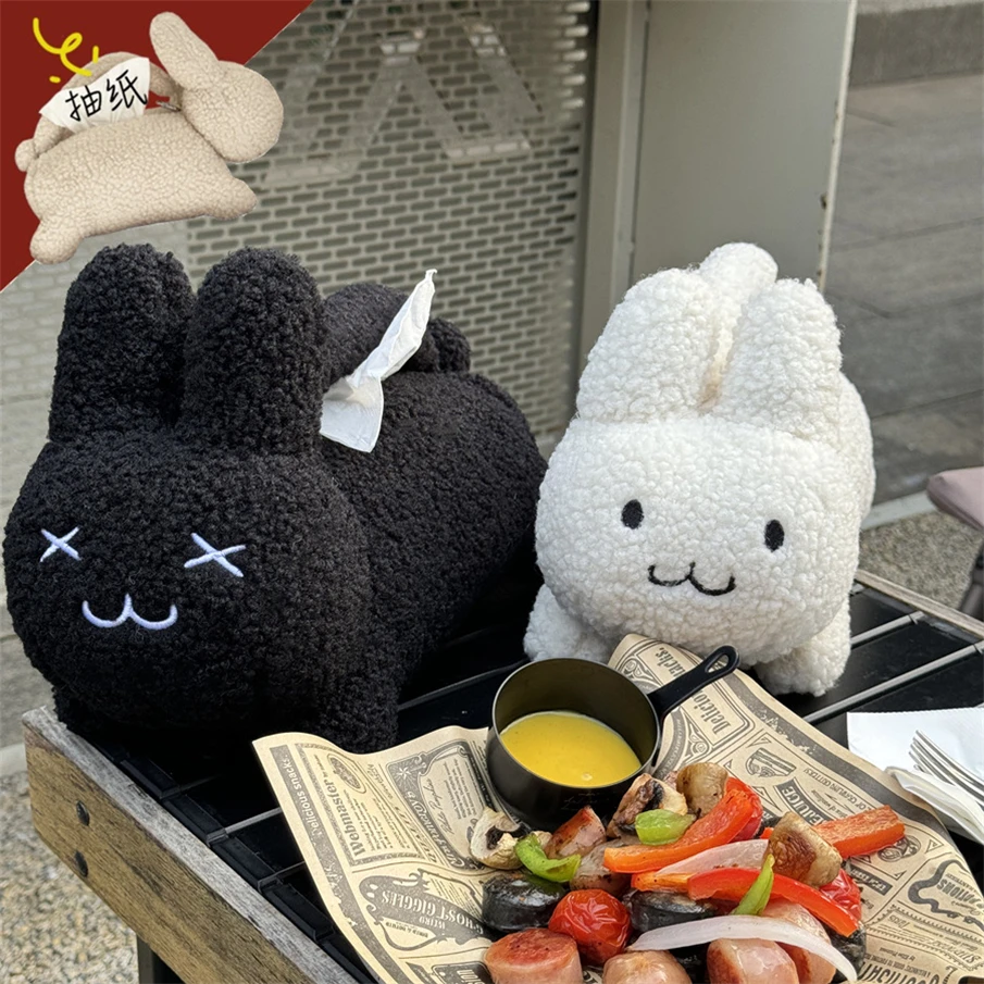 

Cartoon Black and White Rabbit Tissue Bag Car Decoration Rabbit Baby Gift Cute Lamb Fleece Household Desktop Tissue Storage Box