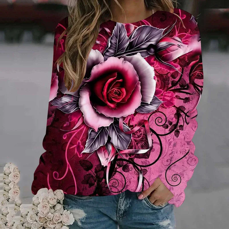 Rose Flower Sweatshirts Floral 3D Print Hoodies Women Long Sleeve Y2k Hoodie Streetwear Oversized Pullovers Top Female Clothing