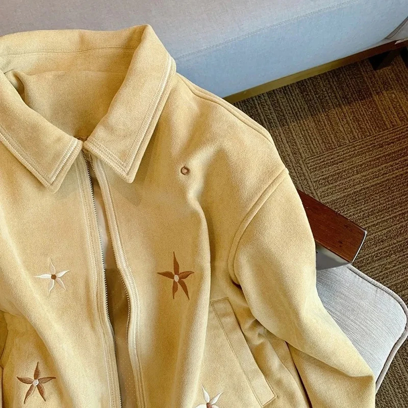 Spring Autumn Vintage Jacket Women Casual Floral Embroidery Long Sleeve Coats Yellow Loose All Match Preppy Sweet Zipper Outwear