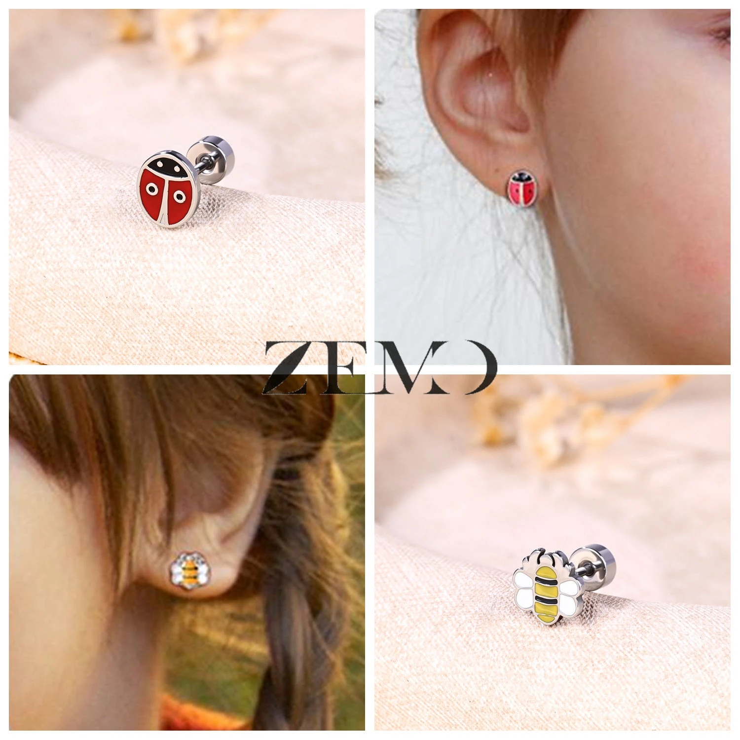 ZEMO 1 Pair 316L Stainless Steel Cute Stud Earrings Colourful Butterfly Bee Frog Ladybug Ear Stud Cartilage Earring Piercing 20G view 6