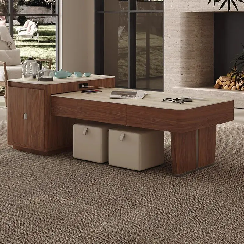 

Walnut coffee table rock slab retractable living room household antique small apartment retro kung fu tea table tea integrated