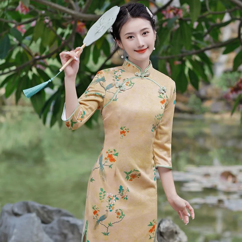 Chinese Traditional Costume Classic Improved Qipao Retro Printed Suede Cheongsam Stand Collar Side Slit Slim Fit Dress for Women