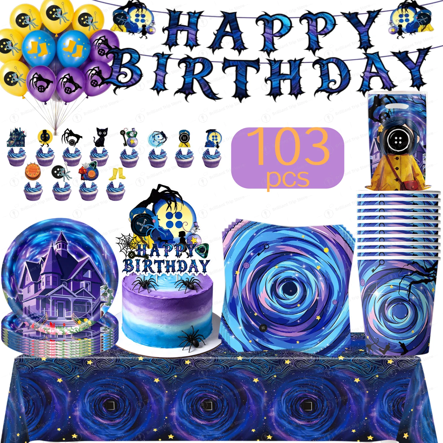 Button Doll Theme Birthday Party Decor Balloons Banner Cake Topper Plates Cups Gift Bag Halloween Spooky Night Party Tablecloth
