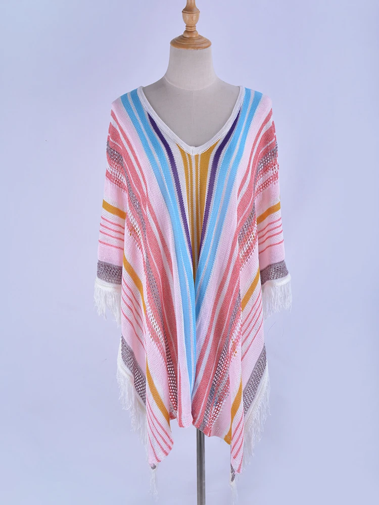 Knitted Beach Tunic Colorful Tassel Dress V Neck Bikini Cover Up Swimsuit Cape Batwing Sleeve Summer Bathing Suit Beachwear