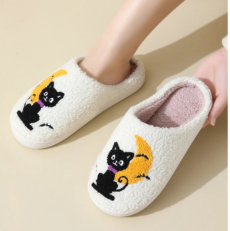 Cute Cartoon Moon Cats Pattern Slippers Women Casual Soft Sole Plush Lined Home Shoes Woman Non-slip Comfort Warm Winter Slipper image 3