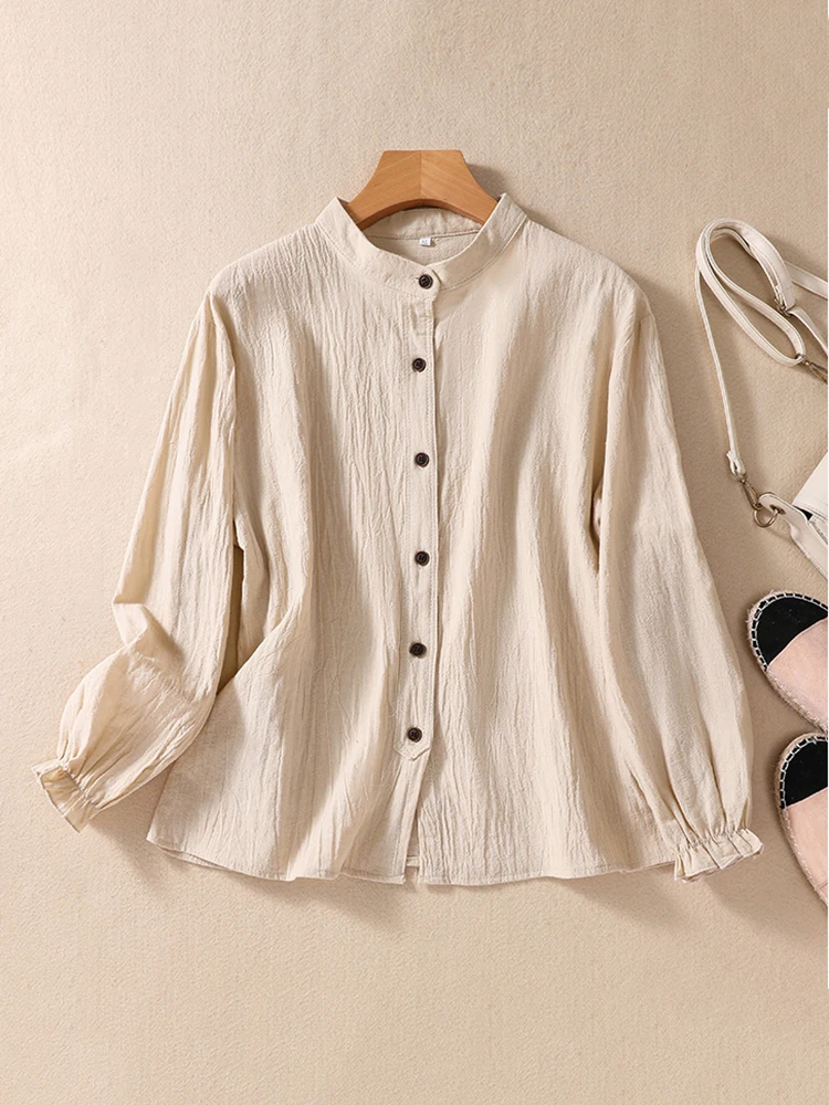 Mulheres botão de outono vintage gola camisa escritório senhora japão estilo simples casual manga longa retro cozy linho blusa feminino