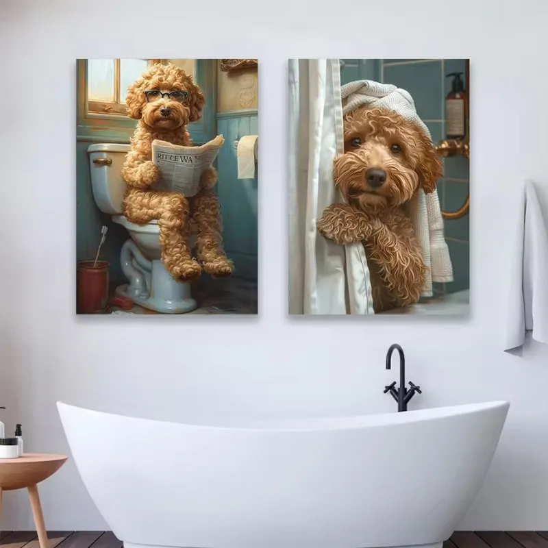 Goldendoodle-pinturas en lienzo para baño, moderno temático de mascotas, amantes de los perros, póster para el baño, impresión, arte de pared para el baño, decoración de baño