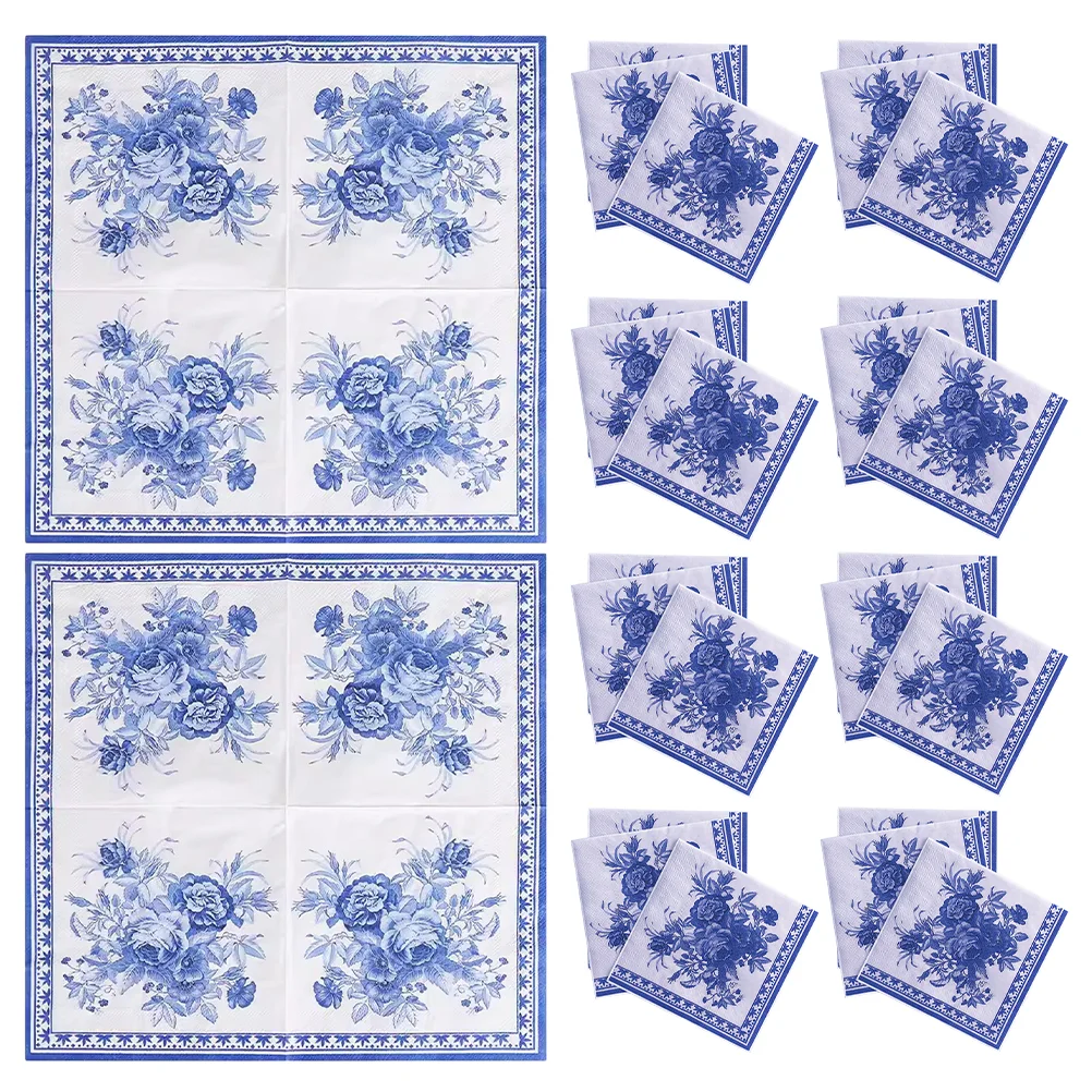 100 Pcs Blue and White Napkin Floral Tablecloth Chinese Style Paper Napkins Cocltail Chinoiserie Decorative Party Decorations