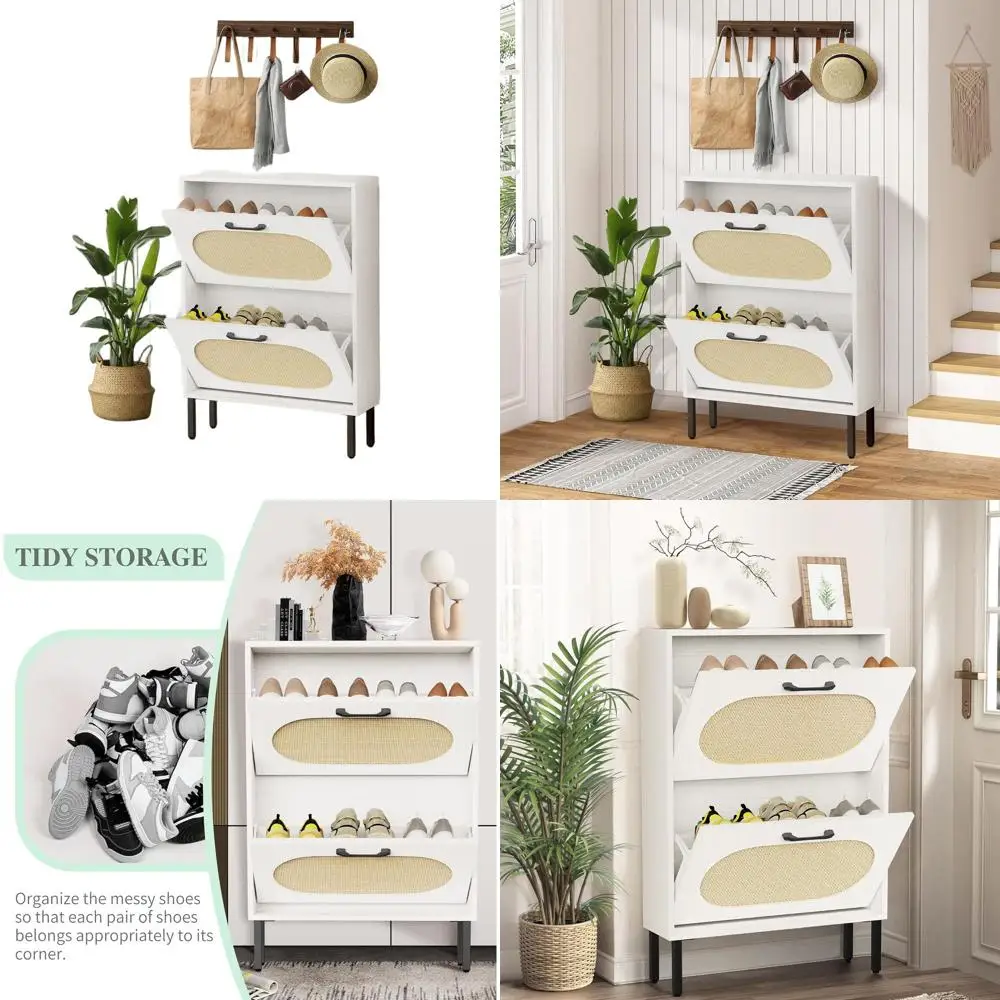 

Narrow Entryway Shoe Cabinet with 2 Drawers, Slim Freestanding Storage for Front Door, Metal Legged Boho White Shoe Rack