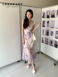 CHEERART Tie Dye Purple Ruffles Long Dress For Women 2023 Summer V Neck A Line Sleeveless Midi Dress Korean Fashion