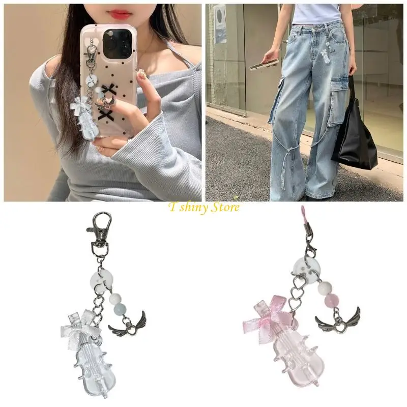 N58F Sweet Cello Bowknot Bead Keychain Pendant Fashion Lovely Hangings Ornament Keyring Backpack Decoration Charm Jewelry