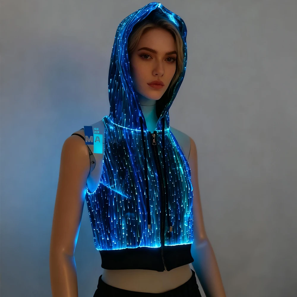 

Light-Up Women's Hooded Sleeveless Jacket Fiber Optic Luminous Jacket Stage Performance Glowing Fiber Optic Jacket