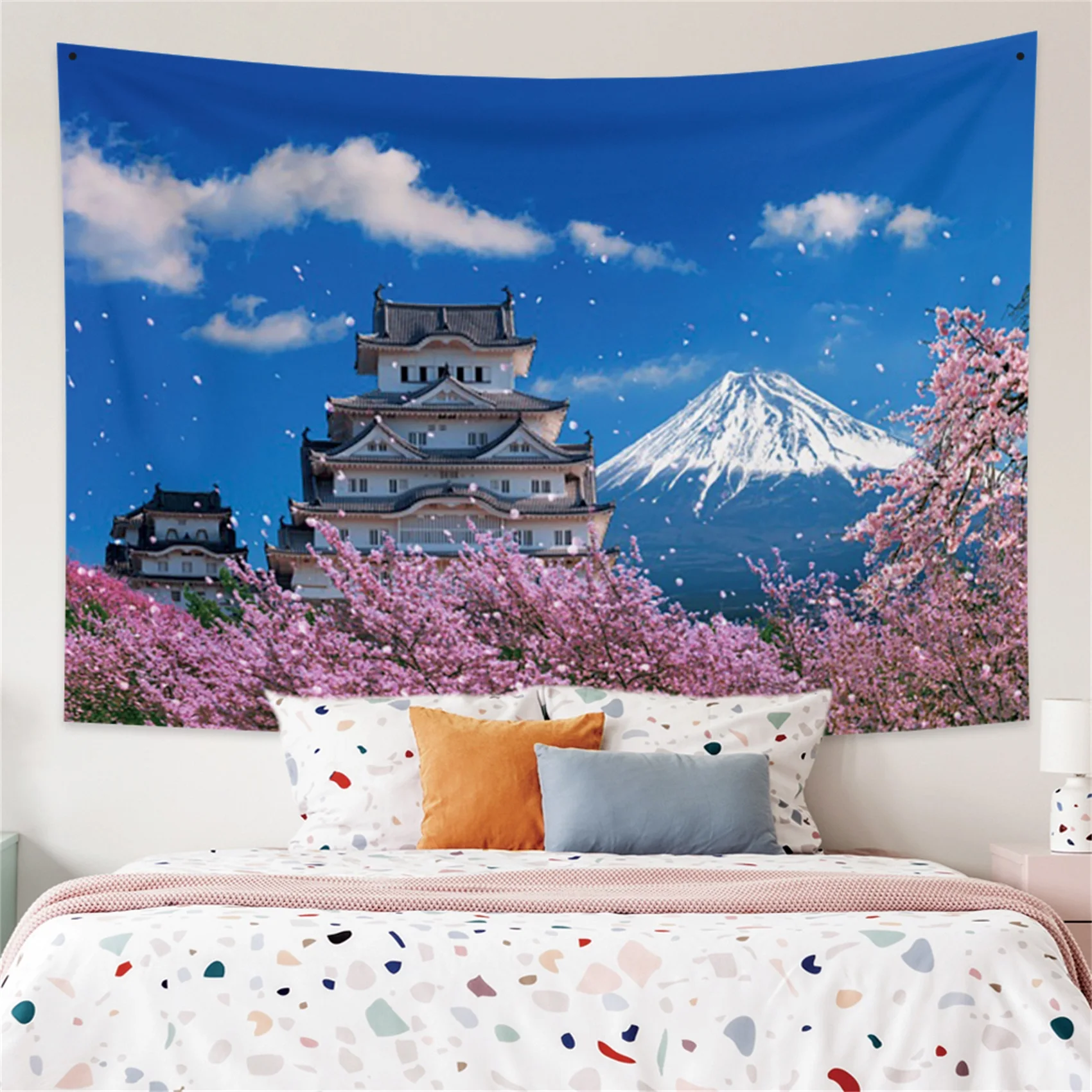 Tapestry ancient temple printing home decoration cherry blossom tapestry pink wall hanging  living room 