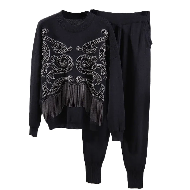 수제 비즈 체인 태슬 캐주얼 트랙슈트 여성용 O넥 풀오버 스웨터 팬츠 니트 스포츠 세트 블랙 그레이