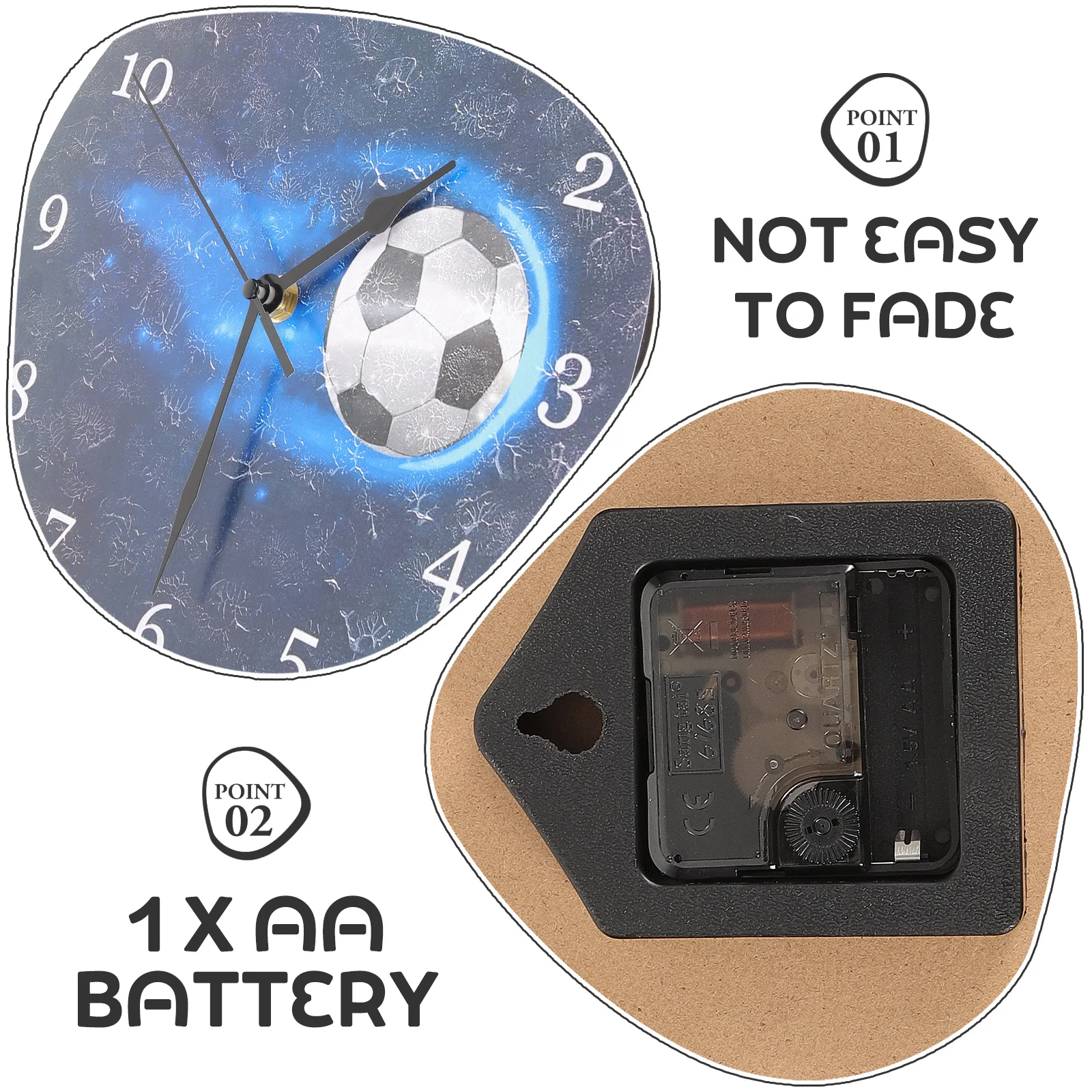 

Football Wall Clock Round Material Sturdy Non Ticking Operated Bedroom Living Room Hanging Decorative Wall Clock