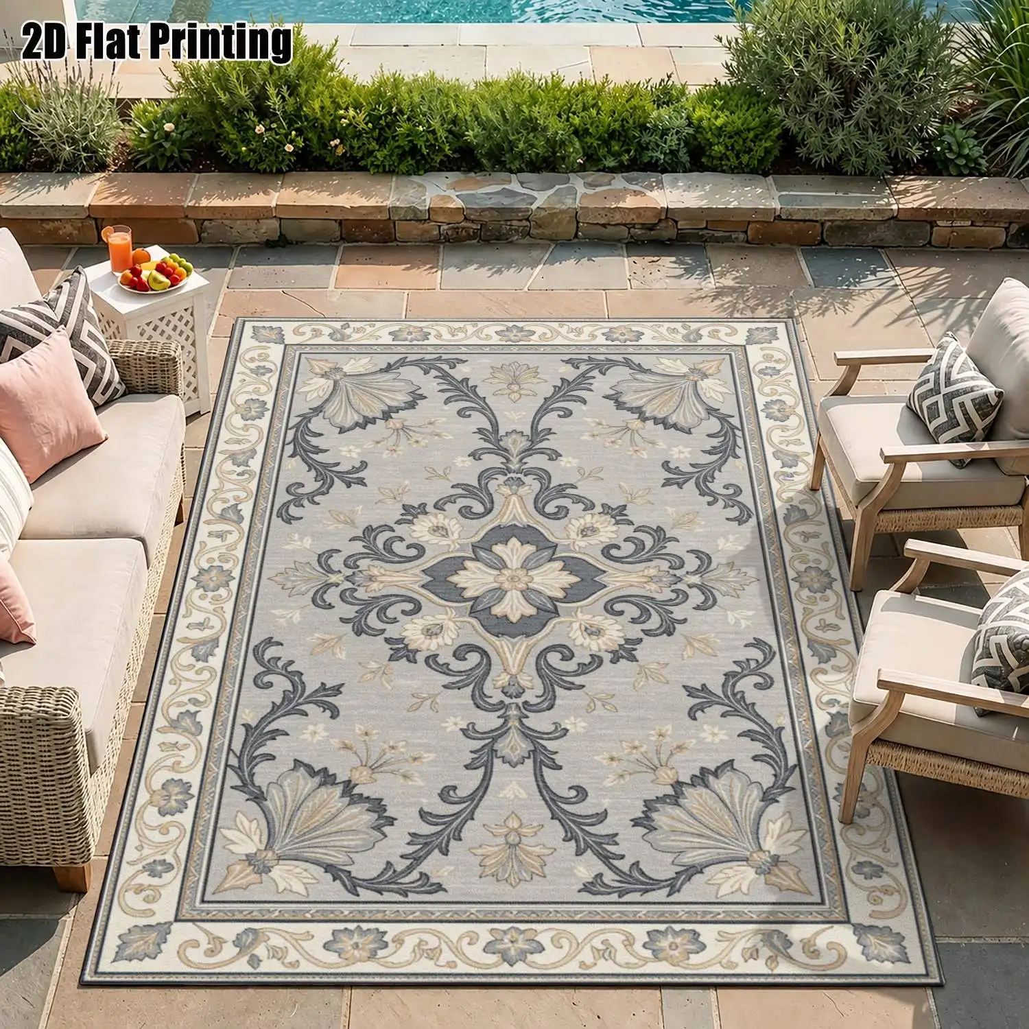 1Pc 2D Printed Carpet: Blue-Grey Floral Scroll, European Vintage Geometric Bohemian Style, Home Decor, Multiple Sizes, Machine Washable, for Entryway, Dining Room, Foyer, Living Room, Bedroom