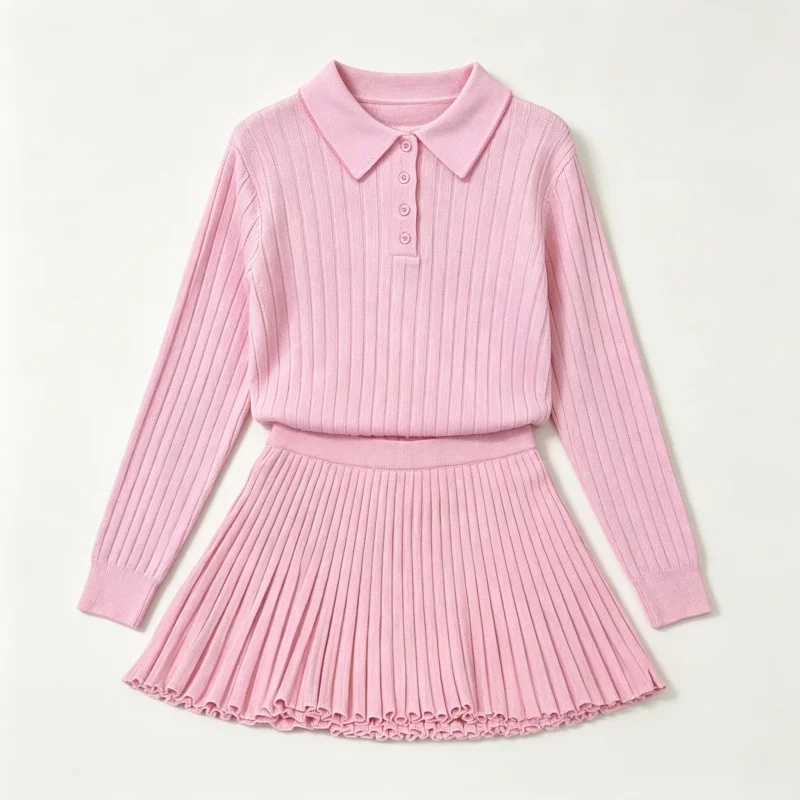 Spring Autumn Winter Ladies Golf Knit Outfit Lapel Long Sleeve Top & Pleated Knit Skirt Fashion Versatile Women Golf Suit